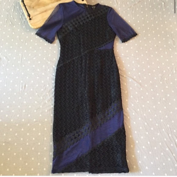 Topshop mesh navy and black midi dress - Picture 2 of 8